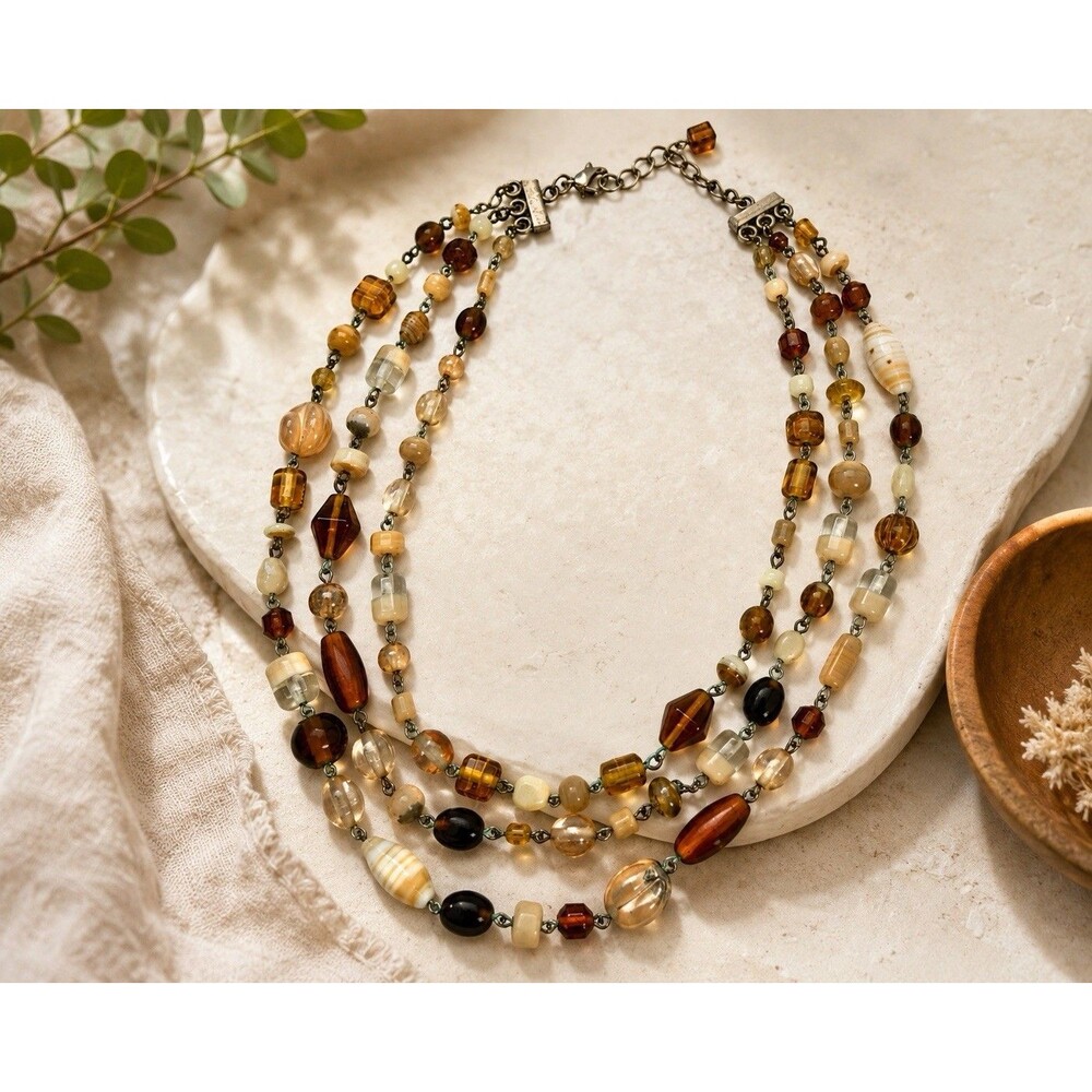Vintage Multi Strand Beaded Necklace Amber Cream Glass Lucite Artisan 18-21"